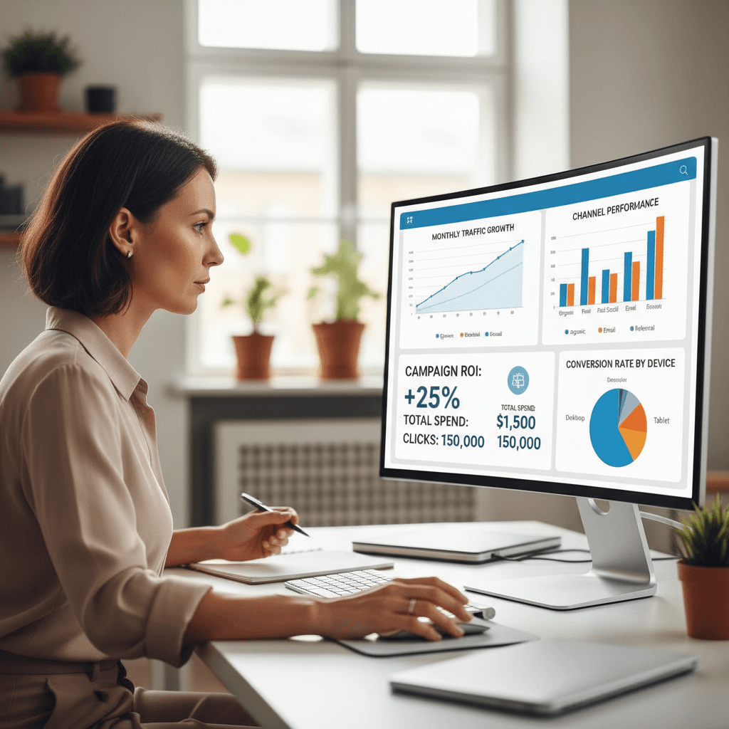 Digital marketing professional analyzing campaign performance and metrics