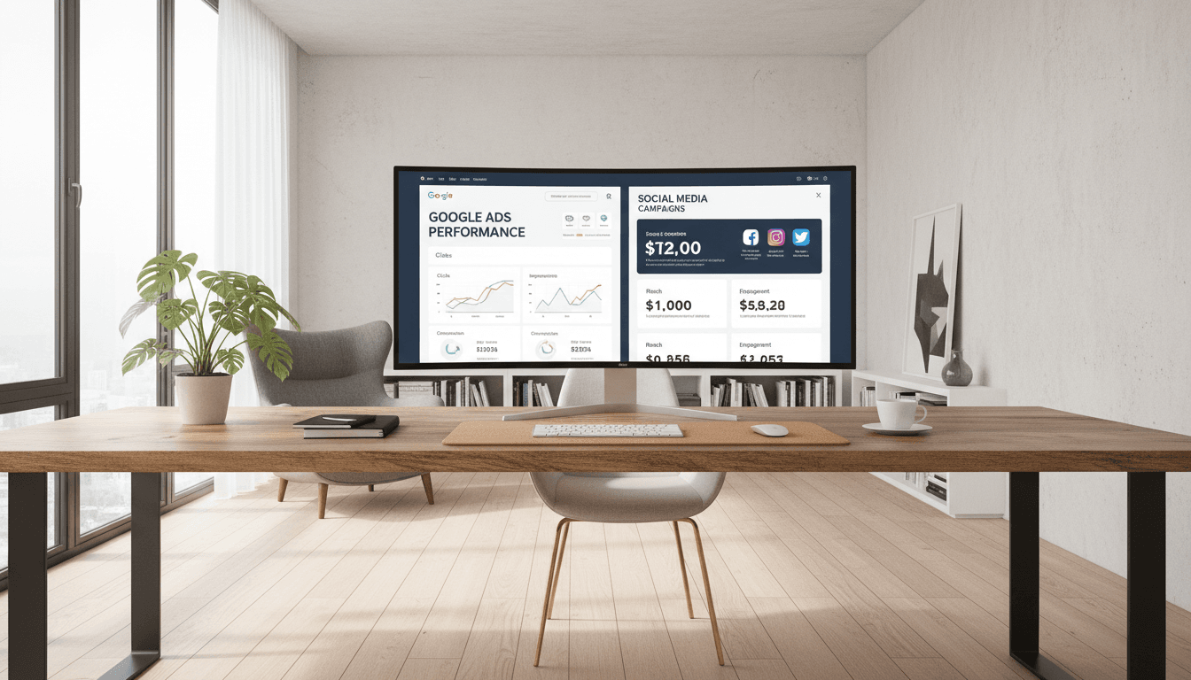 Google Ads and social media management interface displayed on monitor