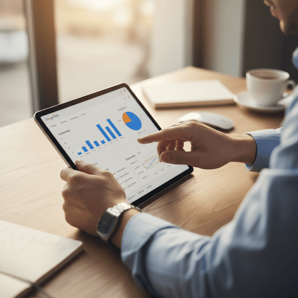 Marketing professional analyzing campaign performance data and metrics