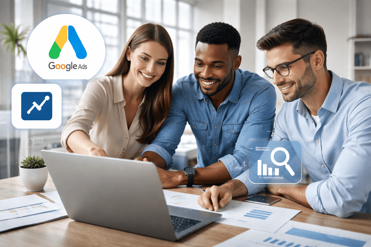 Diverse team of professionals reviewing Google Ads and data analytics performance on a laptop.